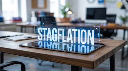 Stagflation on Tablet: The word "Stagflation" appears on a tablet in a modern office setting. The image symbolizes economic challenges and uncertainty.