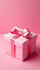 Obraz premium Elegant gift box, satin ribbon, pink background, surprise, detail, art