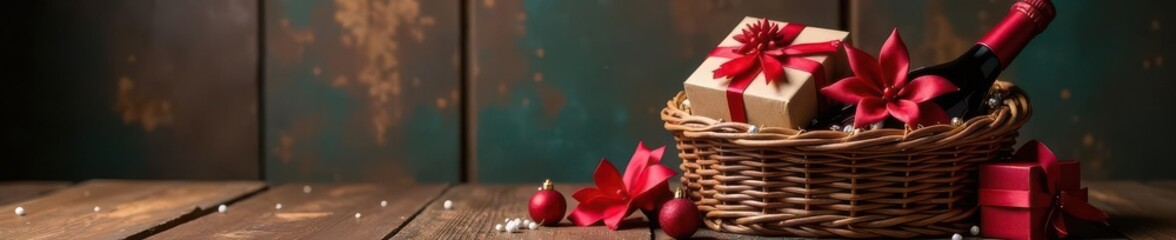 Festive wine basket, gifts on dark wood table, background, oak