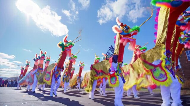 Enthusiastic participants dressed as dragons parade through carnival festivals, displaying their vibrant costumes and fiery spirit, captivating spectators with their colourfulness and vibrant energy.