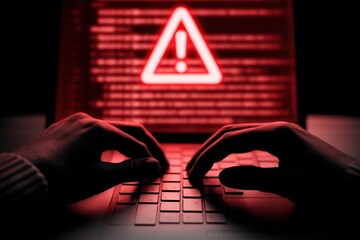 Closeup Silhouette of Hands Typing on Laptop with Red Warning Screen