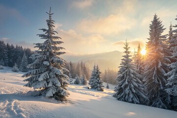 Christmas background with snow covered trees and sun, AI.