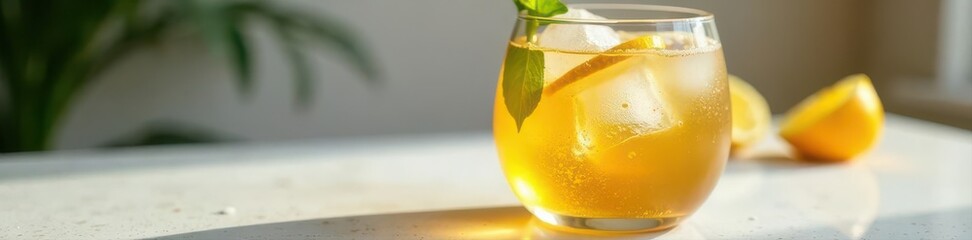 Iced ginger ale with visible ingredients; white table setting , clean, glass, refreshment