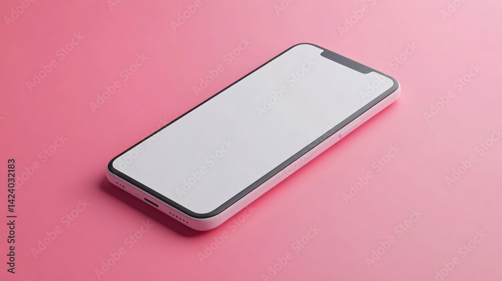 Poster smartphone with blank white screen is lying on pink background with copy space