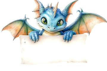 Illustration of Adorable Blue Dragon with Watercolor Wings Holding Blank Paper