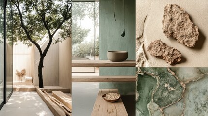 moodboard of interior design, styles in green and beige