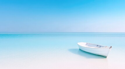 Naklejka premium Calm turquoise water, solitary white boat