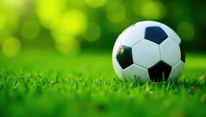 Fototapeta premium Lush green lawn texture, soccer ball nestled in perfect turf , close-up, outdoor