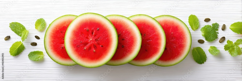 Poster sliced watermelon arranged in a sunburst pattern with mint leaves and seeds on a bright day