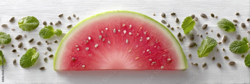 Aufkleber sliced watermelon arranged in a sunburst pattern with mint leaves on a bright table