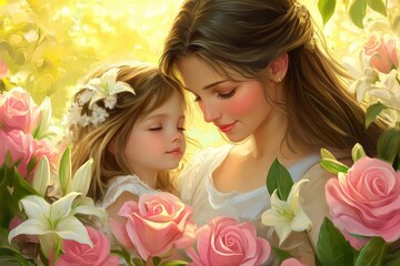Fototapeta premium Loving embrace of a mother and daughter amidst floral beauty.