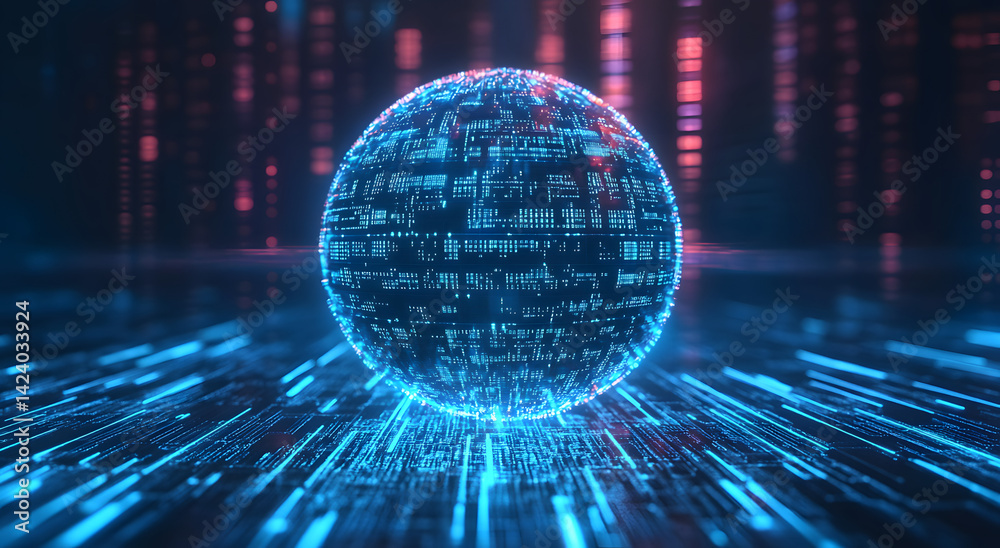 Poster futuristic digital sphere with binary code on glowing wave background.