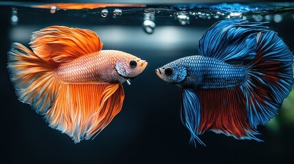 Fototapeta premium Two vibrant betta fish, one orange and one blue, display elaborate fins in an aquarium