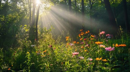 Obraz premium Magical Sunrise Beams Illuminate Vibrant Wildflowers Blooming in Lush Green Forest Peaceful Tranquil Serene Nature Scene Summer Meadow Life Calm Light