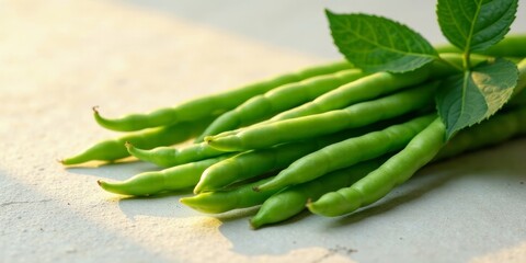 Freshly Harvested Green Beans with Vibrant Green Leaves, Displayed on a Light Neutral Surface in Soft Sunlight
