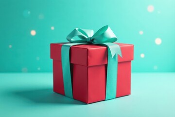 Fototapeta premium Red striped gift box, aqua bow, sparkly aqua background, decor, present, sparkles