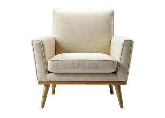 Elegant contemporary armchair in light beige fabric and natural wood frame and legs