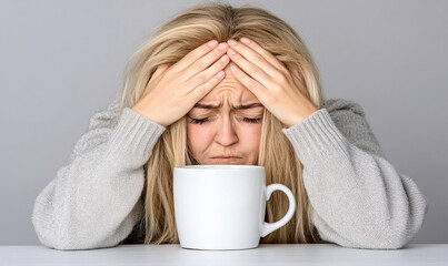 Woman with Frustrated Expression Holding Head in Hands Over White Mug of Coffee on Table with Gray Background in Casual Sweater