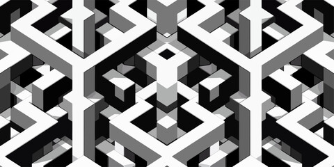 Seamless Isometric Vector Pattern of interlocking 3D Y-shaped geometric forms, monochrome (black, white, and gray), sharp edges, consistent lighting, 3D block illusion, repetitive and tileable, clean 