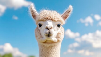 Obraz premium Close-up of a fluffy white alpaca, gazing directly at the viewer against a bright blue sky dotted with puffy white clouds. A gentle, curious expression