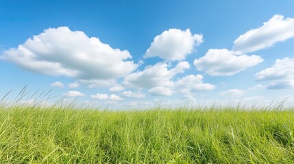 Obraz premium A vibrant green field stretches under a bright blue sky dotted with fluffy white clouds.