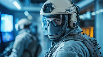 A soldier in tactical gear and a face mask looks over his shoulder with a serious expression, reflecting readiness and determination in a high-pressure environment on a mission.