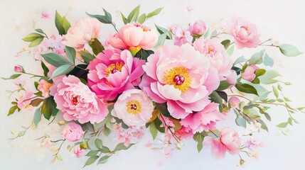 Charming floral bouquet of peonies in pastel pink on delicate minimalist backdrop