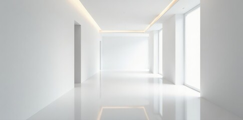 Sleek white corridor, minimalist meeting room visible , meeting room, sterile, white walls