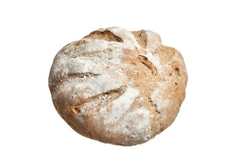 Round artisan bread loaf with a golden-brown crust, dusted with flour and featuring deep scoring marks. Rustic texture and baked to perfection, isolated on white