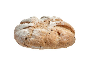 Freshly baked artisan bread loaf with a golden-brown crust, deep scoring, and a dusting of flour. Traditional handcrafted texture, isolated on a white background