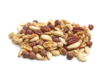 A pile of assorted mixed nuts including walnuts, cashews, hazelnuts, almonds, and pecans, isolated on white background. The natural textures and colors emphasize their freshness and nutritional value