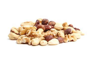 A pile of mixed nuts featuring walnuts, hazelnuts, cashews, and macadamia on a clean white background, emphasizing variety and natural textures