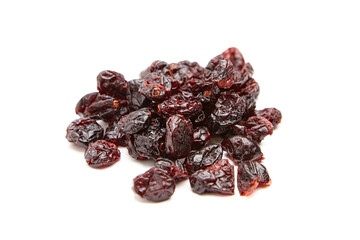 Close-up of a heap of dried cranberries showcasing glossy, wrinkled textures and deep red tones, isolated on a white background