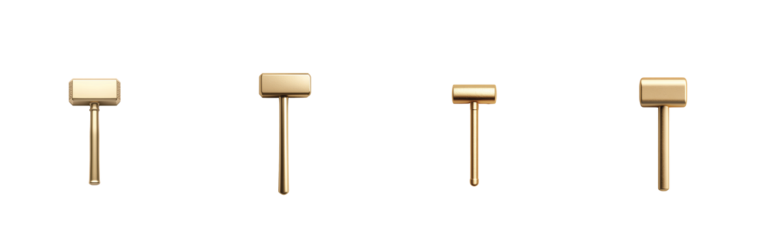Golden earbuds with stems displayed in a row highlighting their design features