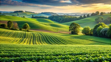 Rolling hills covered in a sea of green with rows of soybean plants swaying gently in the breeze, surrounded by wildflowers and trees , natural scenery, agriculture