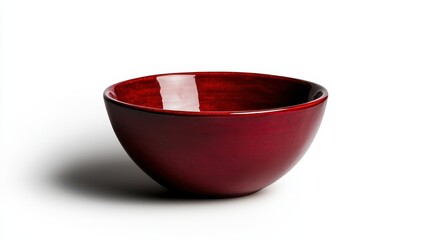 A beautifully crafted red bowl sits prominently on a pure white background, showcasing its smooth curves and glossy finish, perfect for any culinary use or decoration.