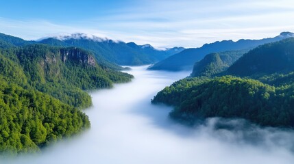 Fototapeta premium A scenic view of a river valley filled with fog, surrounded by lush green mountains under a blue sky.