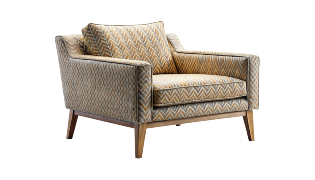 Stylish armchair with eye catching geometric pattern in brown, beige and white