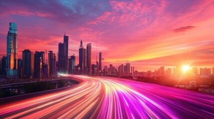 Fototapeta premium Futuristic speed burst on city highway with laser trails and motion glow