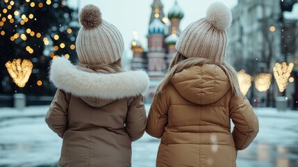 Two girls in stylish winter coats and fluffy hats stand together, surrounded by lights and a festive atmosphere, capturing the magic of childhood during the holiday season.