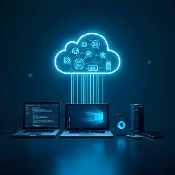 Cloud computing concept shows network technology connecting laptop and mobile devices to the cloud server for data communication and information access