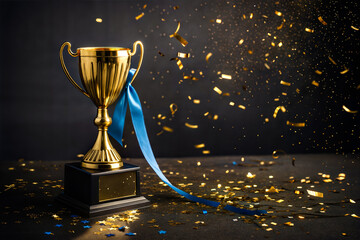 A gleaming golden trophy, accented by a blue ribbon, sits on a dark background bathed in dramatic spotlight.