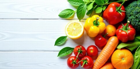 Fototapeta premium Vibrant fruits & veggies on white wood Healthy organic food , delicious, nutrition, diet