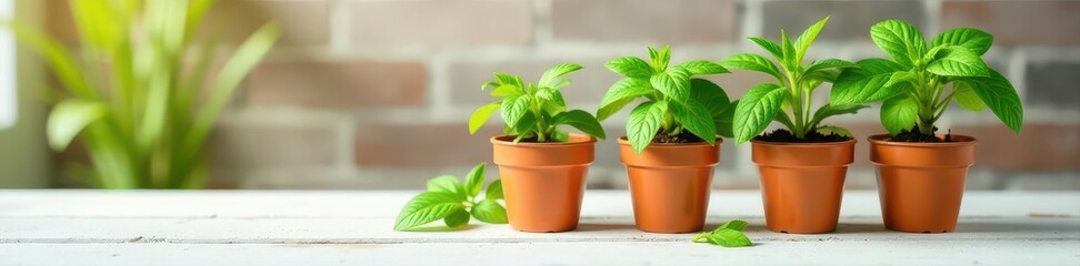 Obraz premium Vibrant potted herbs, white table, brick backdrop , mint, potted plants, copyspace