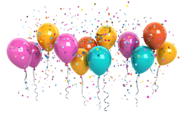 A bunch of colorful balloons, festive and celebratory, floating in the air, isolated on white background 