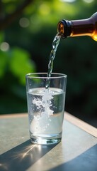 Water pours into a glass on a grey outdoor table , photography, cool, tabletop