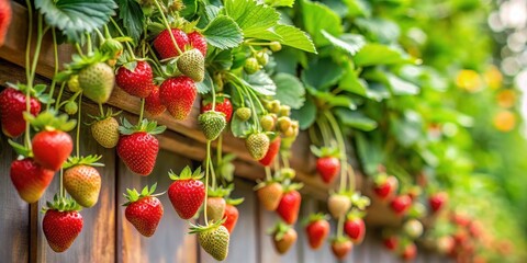 Obraz premium Vertical strawberry garden hanging on a small patio wall with lush green leaves and ripe red strawberries