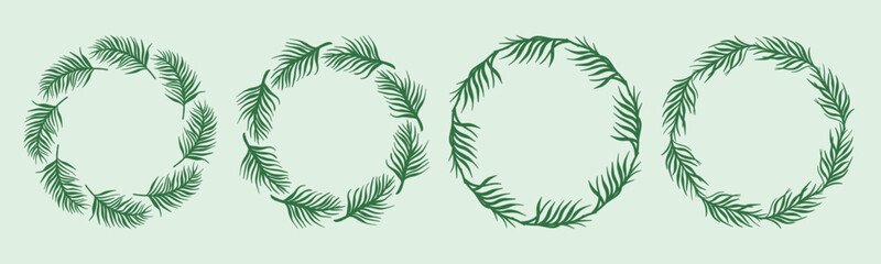 Round palm leaf wreath set. Circular foliage frame. Blank botanical summer template, vector element © Iry