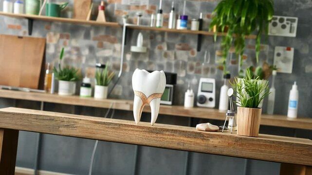 White tooth model on wooden counter