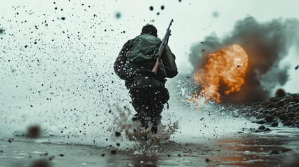 A soldier of World War II on the D-Day battlefield. The concept of courage, sacrifice, and historical remembrance. Generative AI.